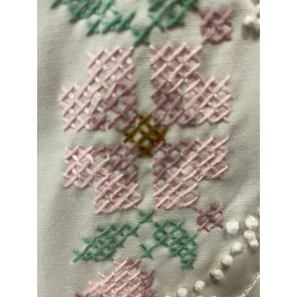 Vintage Cross Stitch Tablecloth Used Beige Mauve Green Pink